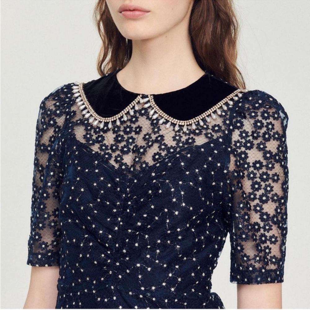 SANDRO Lucianita Dress Navy Lace Mini Dress with Beaded Collar 38 - Picture 3 of 15